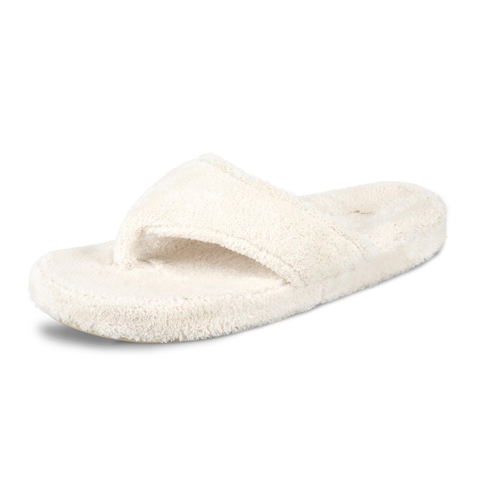 Acorn Women's Spa Thong Slippers with Cloud Contour Comfort - Arch Support and Plush Fluffy Terry Lining, Perfect for Beach, Camping, Poolside, or Bathroom Wear, Natural, Wide 8 - 9