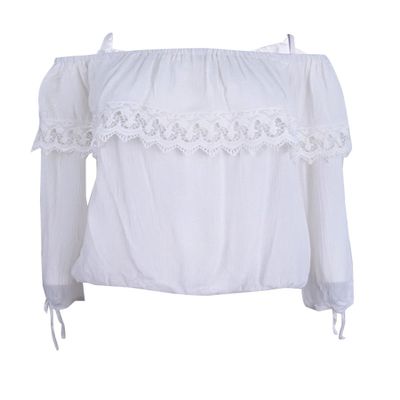 A. Byer Junior's Off The Shoulder Flounce Top with Lace, Off White, L