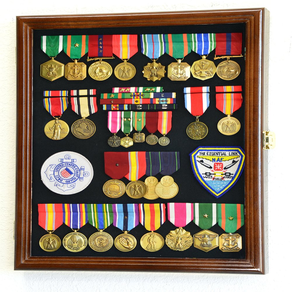 sfDisplay.com,LLC. Military Medals, Pins, Badges, Patches, Insignia, Ribbons, Flag Display Case Shadowbox Cabinet Pinnable Background - Lockable, Walnut