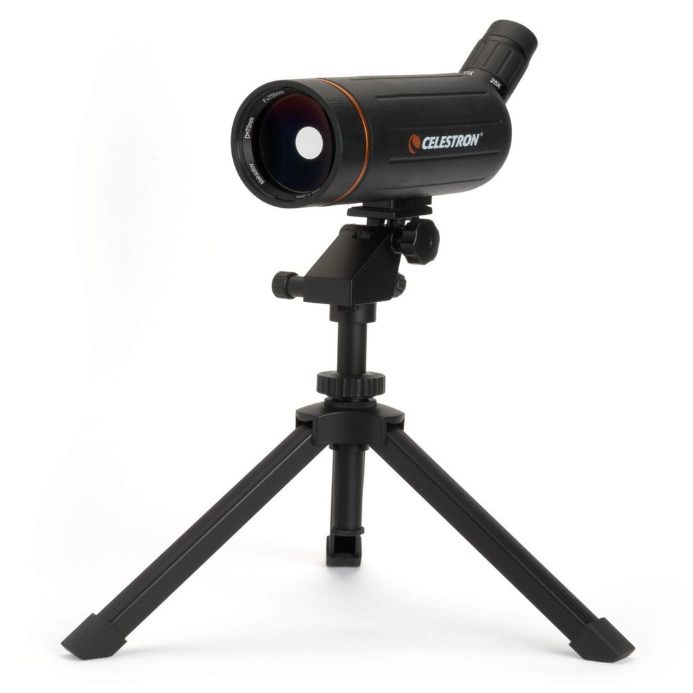 Celestron Mini Mak 70mm Angled Spotting Scope  Maksutov Spotting Scope  Great for Long Range Viewing  2575x Zoom Eyepiece  Multi-Coated Optics  Rubber Armored  Tabletop Tripod Included