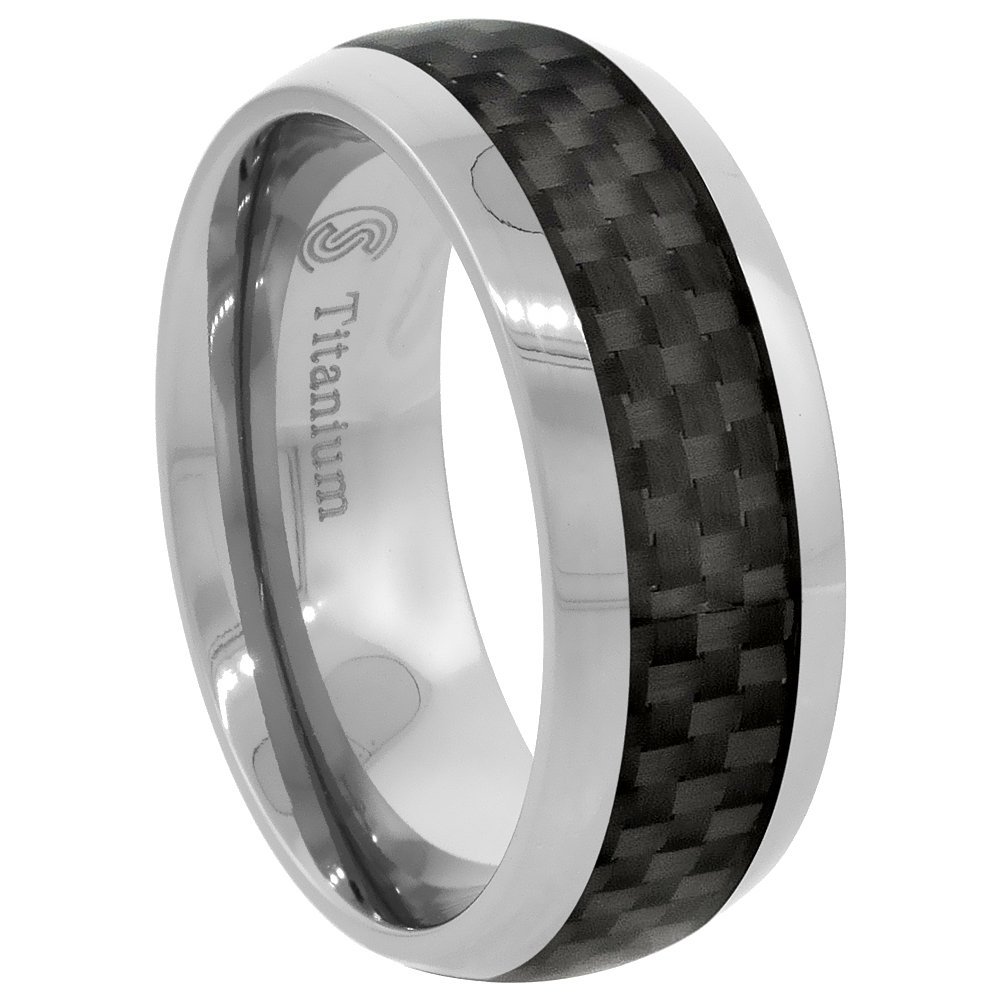 Sabrina Silver 8mm Titanium Wedding Band Ring Carbon Fiber Inlay Comfort Fit Size 12.5