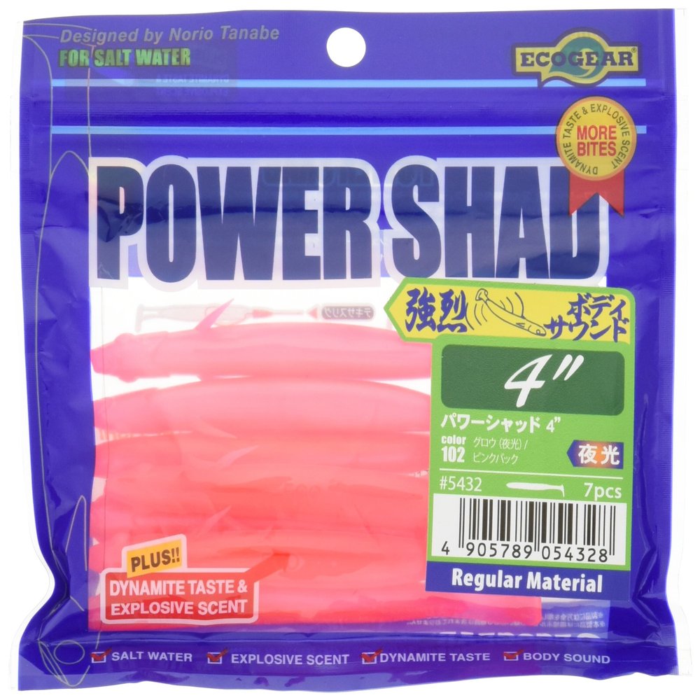 Ecogear Power Shad 4-Inch Lure, #102 Glow (Luminous) / Pink Back