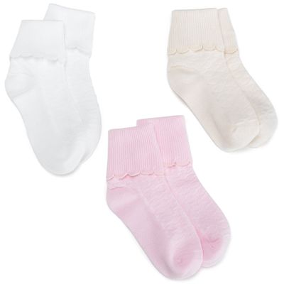 Jefferies Socks Big Girls' Organic Scalloped Turn Cuff (Pack of 3),White (1), Pink (1), Ivory (1),9-11