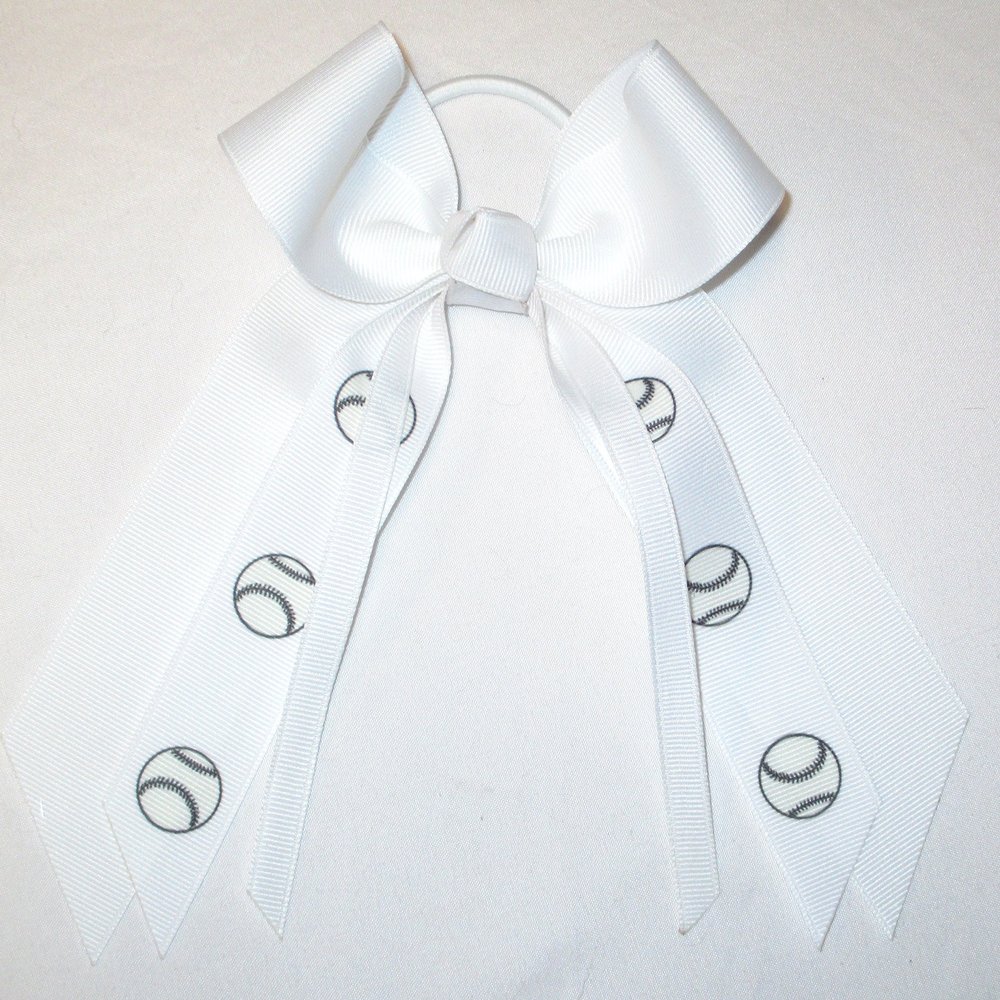 Sublimation Specialties Softball Baseball Hair Bow - Made in The USA, White Pony Band, Made in The USA