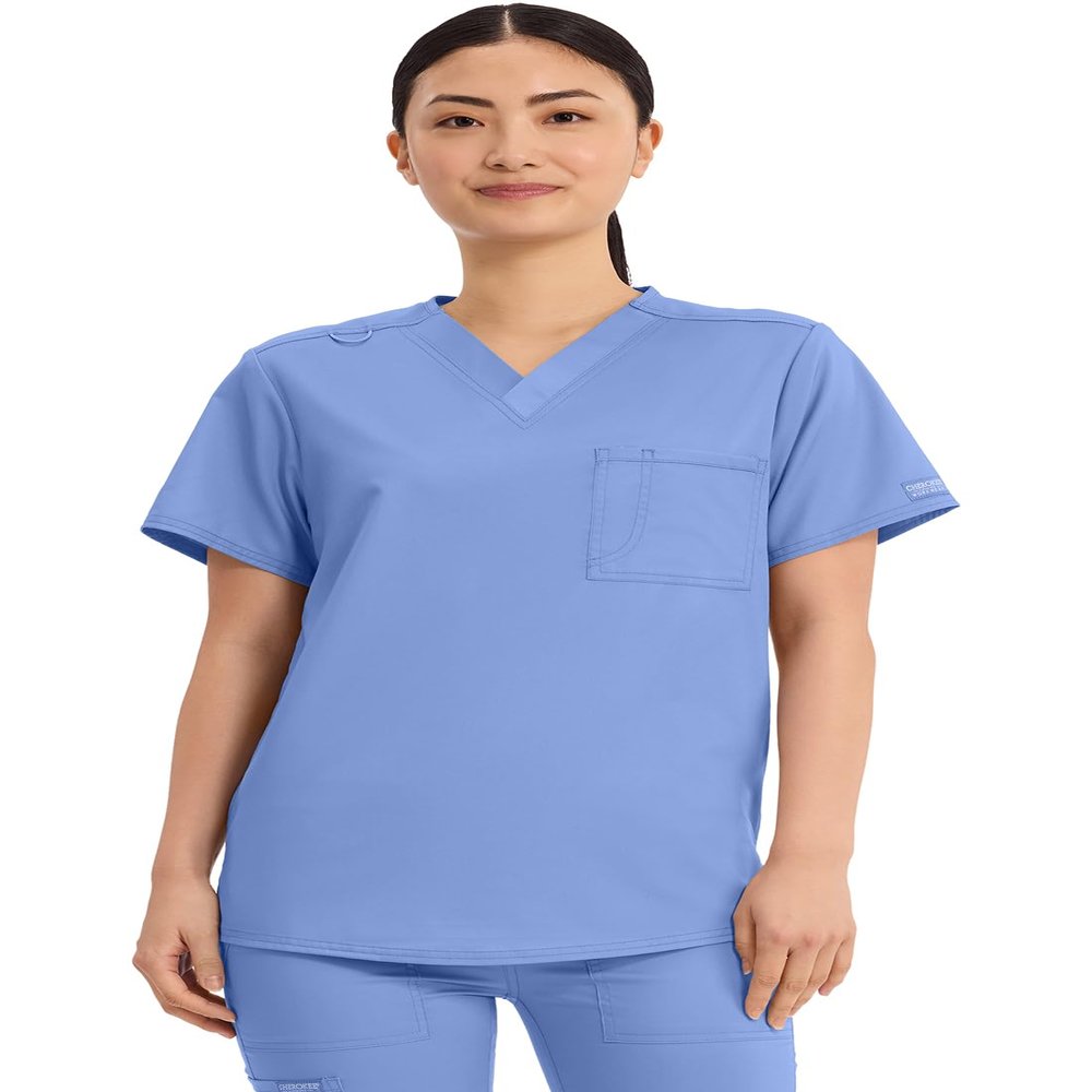 Cherokee Scrub Top for Women & Men, V-Neck Tuckable Medical Shirt with 1 Chest Pocket & ID Loop - WW625, XL, Ciel Blue