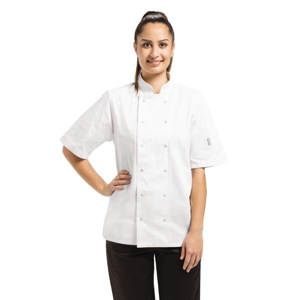 Vegas Short Sleeve Chefs Jacket - White Polycotton. Size: S (To fit chest 36 - 38").
