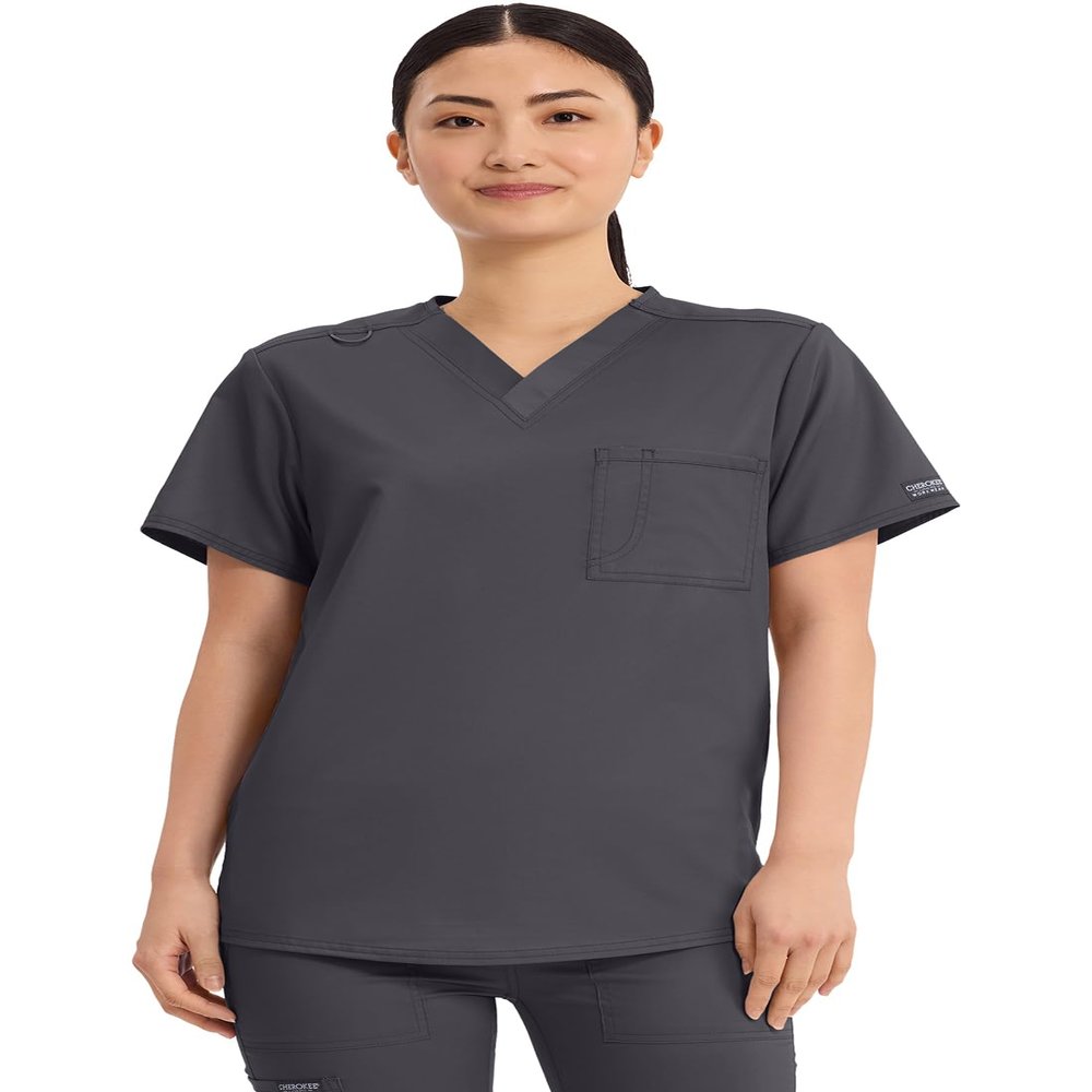 Cherokee Scrub Top for Women & Men, V-Neck Tuckable Medical Shirt with 1 Chest Pocket & ID Loop - WW625, XL, Pewter