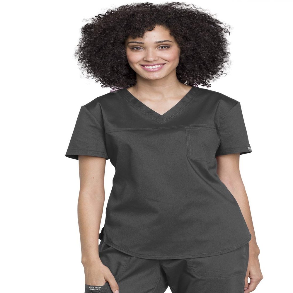 Cherokee Scrubs for Women Tuckable V-Neck O.R. Scrub Top with Chest Pocket,Soft Stretch,Easy Care Medical Uniform - WW657, S, Pewter