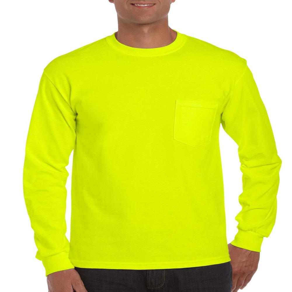 Gildan Adult 6 oz 50/50 High Visibility L/S T w/pocket in Safety Green - XX-Large