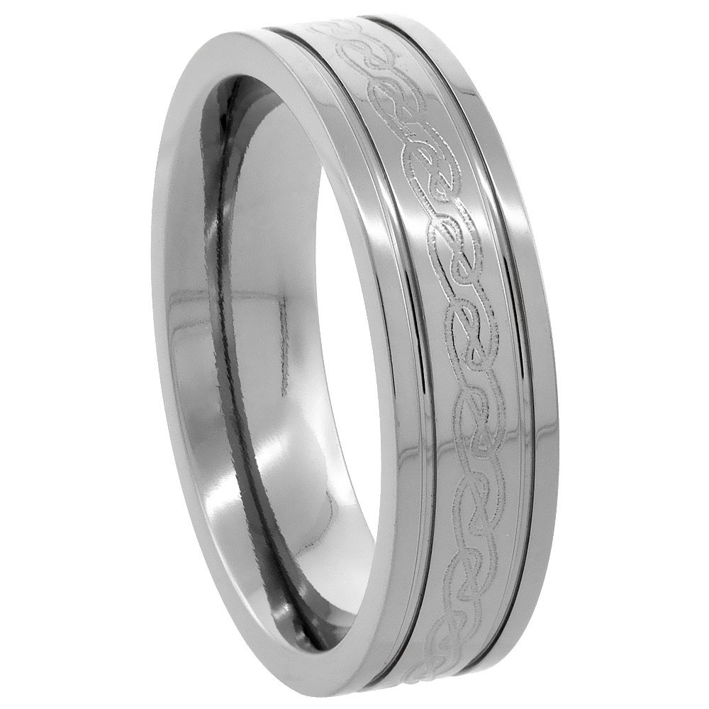 6mm Titanium Pipe Cut Celtic Knot Wedding Band Ring for Men Etched Pattern Grooved Edges Comfort Fit Size 8.5