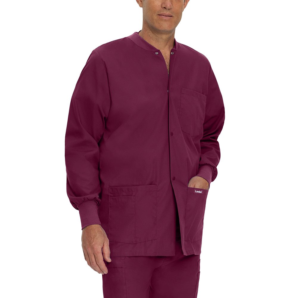 Landau Essentials Relaxed Fit 5-Pocket Snap-Front Scrub Jacket for Men 7551 Wine
