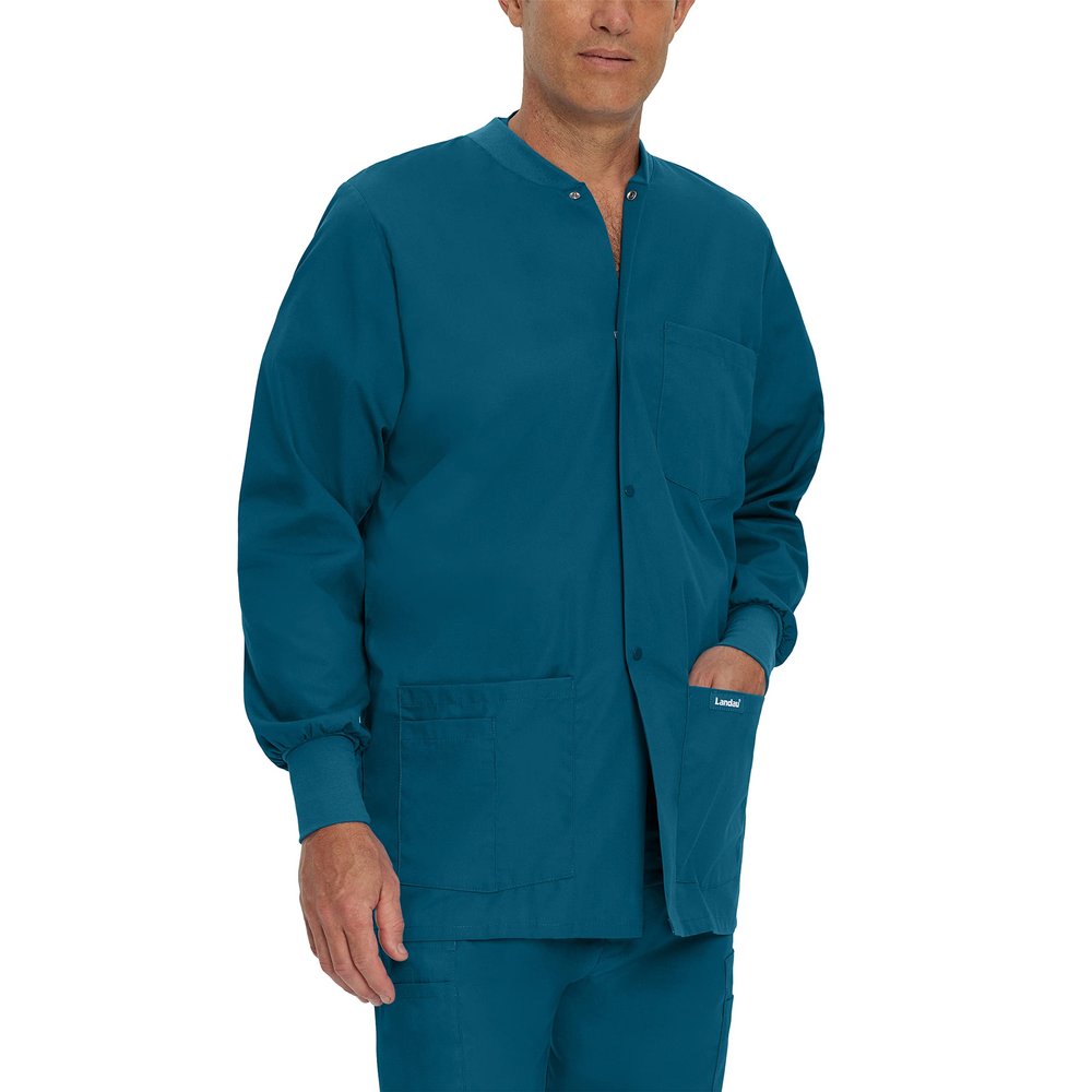 Landau Essentials Relaxed Fit 5-Pocket Snap-Front Scrub Jacket for Men 7551 Caribbean Blue