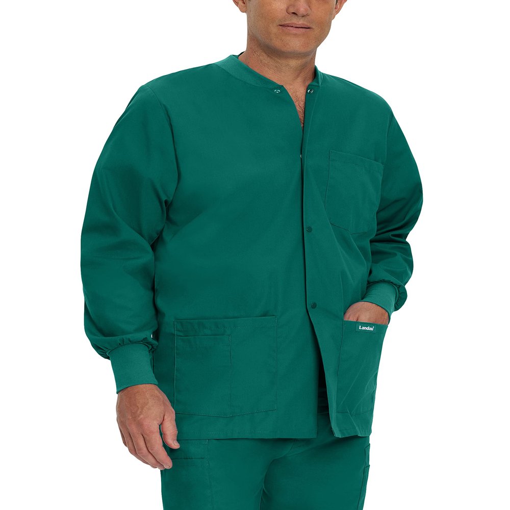 Landau Essentials Relaxed Fit 5-Pocket Snap-Front Scrub Jacket for Men 7551 Hunter Green