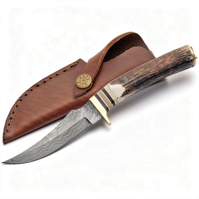 SANZ Damascus Slim Blade Skinner Knife 9 Inch - Camping Knife with Stag Handle, Full Tang Steel Blade & Sheath - Pocket Knife for Hunting, Outdoor uses & Camping