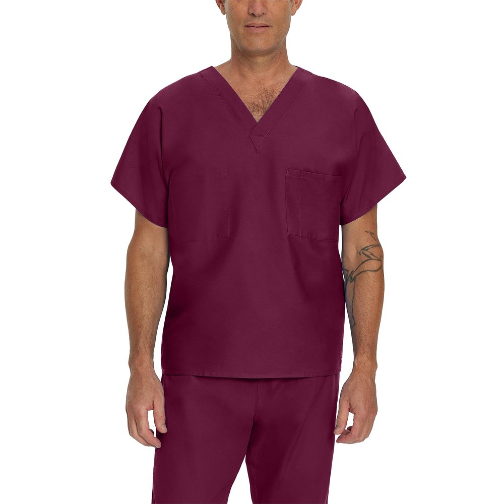 Landau Essentials Unisex Relaxed Fit 1-Pocket V-Neck Scrub Top 7502 Wine