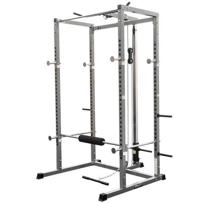 Valor Fitness Power Cage Squat Rack with Lat Pull Down Attachment and Pull Up Bar 2"x2" Frame - Home Gym Workout Training Equipment