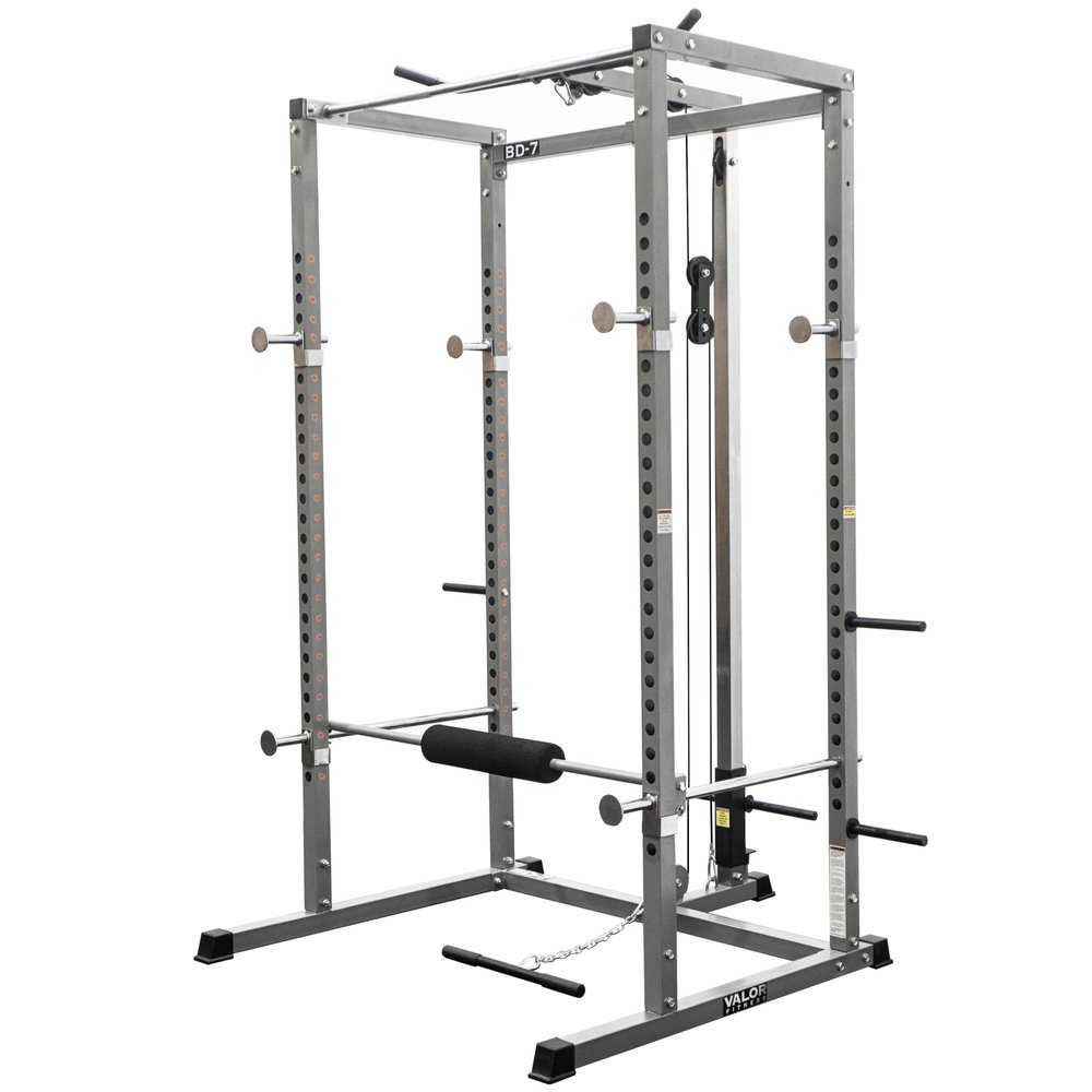 Valor Fitness Power Cage Squat Rack with Lat Pull Down Attachment and Pull Up Bar 2"x2" Frame - Home Gym Workout Training Equipment