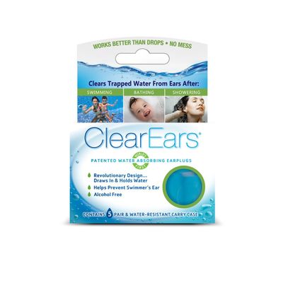 Clear Ears Water Absorbing Earplugs 5 Pairs, for Swimming, Bathing or Showering, Carry Case, for Adults or Kids.