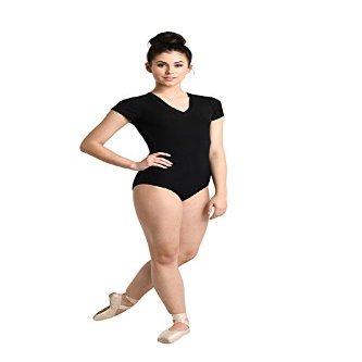 DanzNMotion Womens Leotard Cap Sleeve V-Neck Ribbed Black (Extra Large)