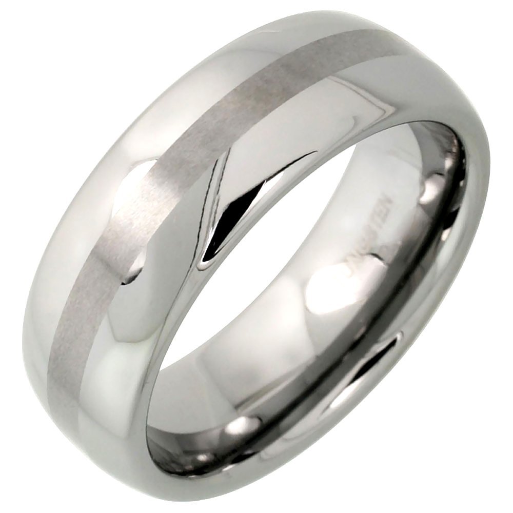 Tungsten Carbide 8 mm Domed Wedding Band Ring Narrow Center Stripe Etching size 7