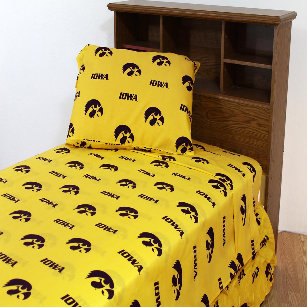 College Covers Everything Comfy Iowa Hawkeyes Twin XL Sized 3 Piece Sheet Set, Team Color Background, 1 Flat Sheet, 1 Fitted Sheet, 1 Pillowcase