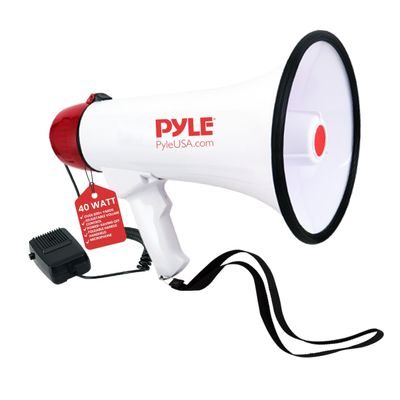 Pyle 40 Watt Professional Megaphone Clear Sound & Ergonomic Grip - Multi-Function with Talk, Siren, Volume Control - Detachable Handheld Mic - Auxiliary - Indoor & Outdoor Sports, Emergency Response