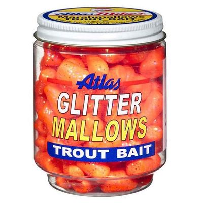 ATLAS-MIKE'S Glitter Mallows, Orange/Garlic - Floating Scented Trout Bait  Keeps Hooks Off Bottom & Attracts More Fish  Use Alone or with Salmon Eggs or Nightcrawlers  1.5 oz Jar