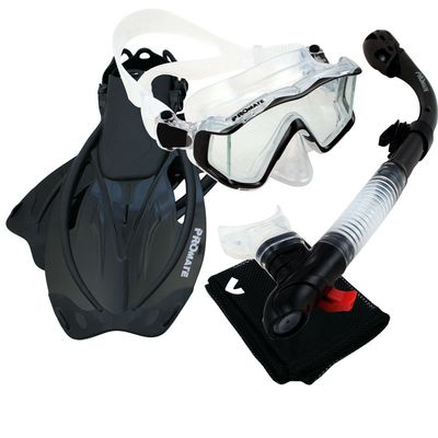 9990, Trans. Black, S/M, PROMATE Snorkeling Scuba Dive Panoramic Purge Mask Dry Snorkel Fins Gear Set