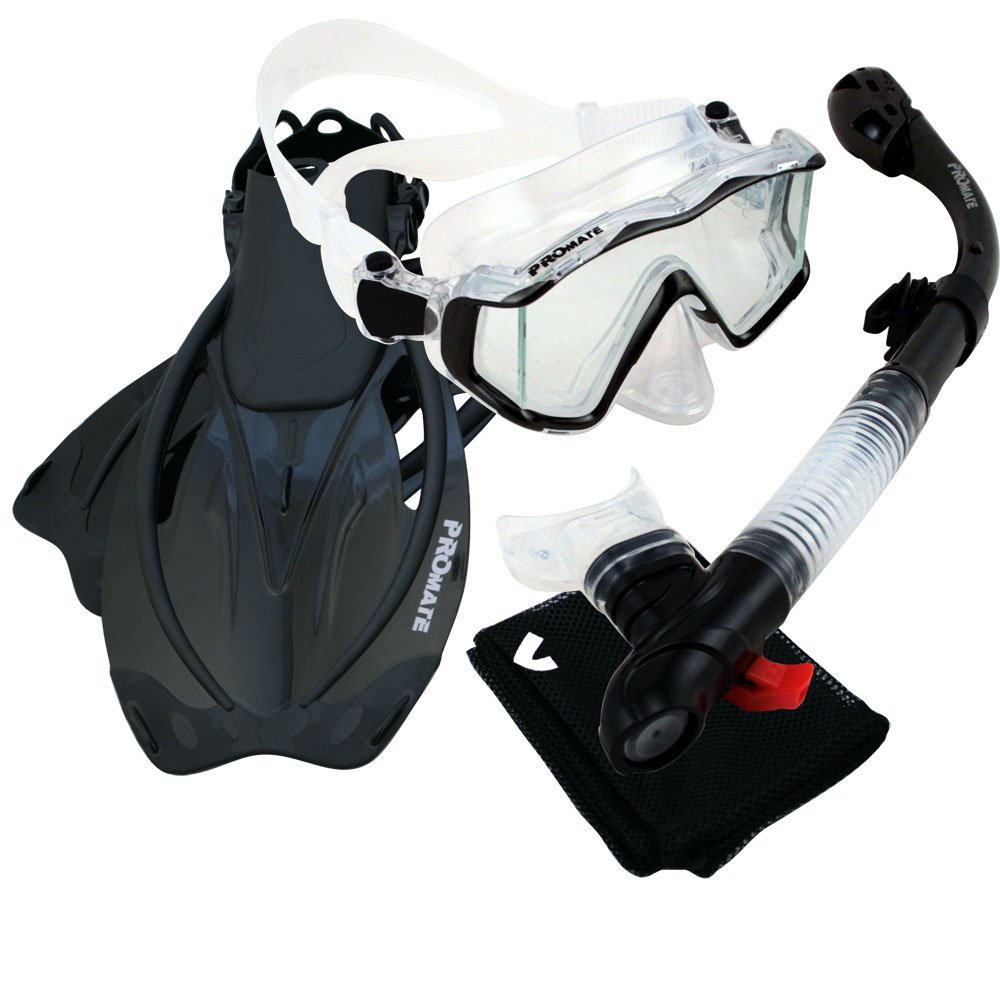 9990, Trans. Black, S/M, PROMATE Snorkeling Scuba Dive Panoramic Purge Mask Dry Snorkel Fins Gear Set