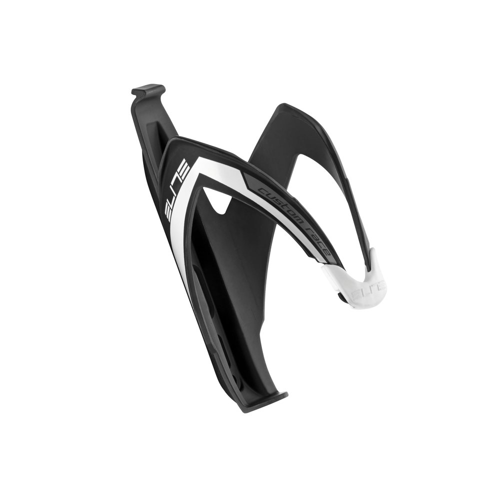 Elite Custom Race Water Bottle Holder - Matte Black with White Graphics - Lightweight and Durable for Road Cycling and MTB