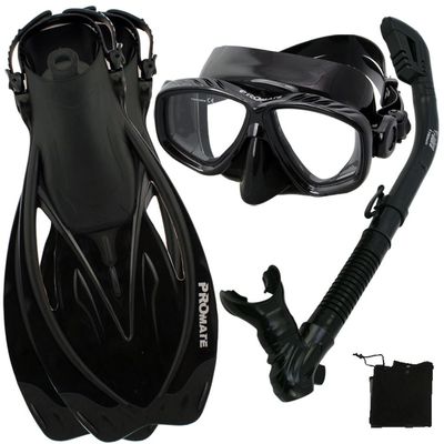 PROMATE Snorkeling Scuba Dive Mask Fins DRY Snorkel Gear Set, Bk/Bk, ML/XL