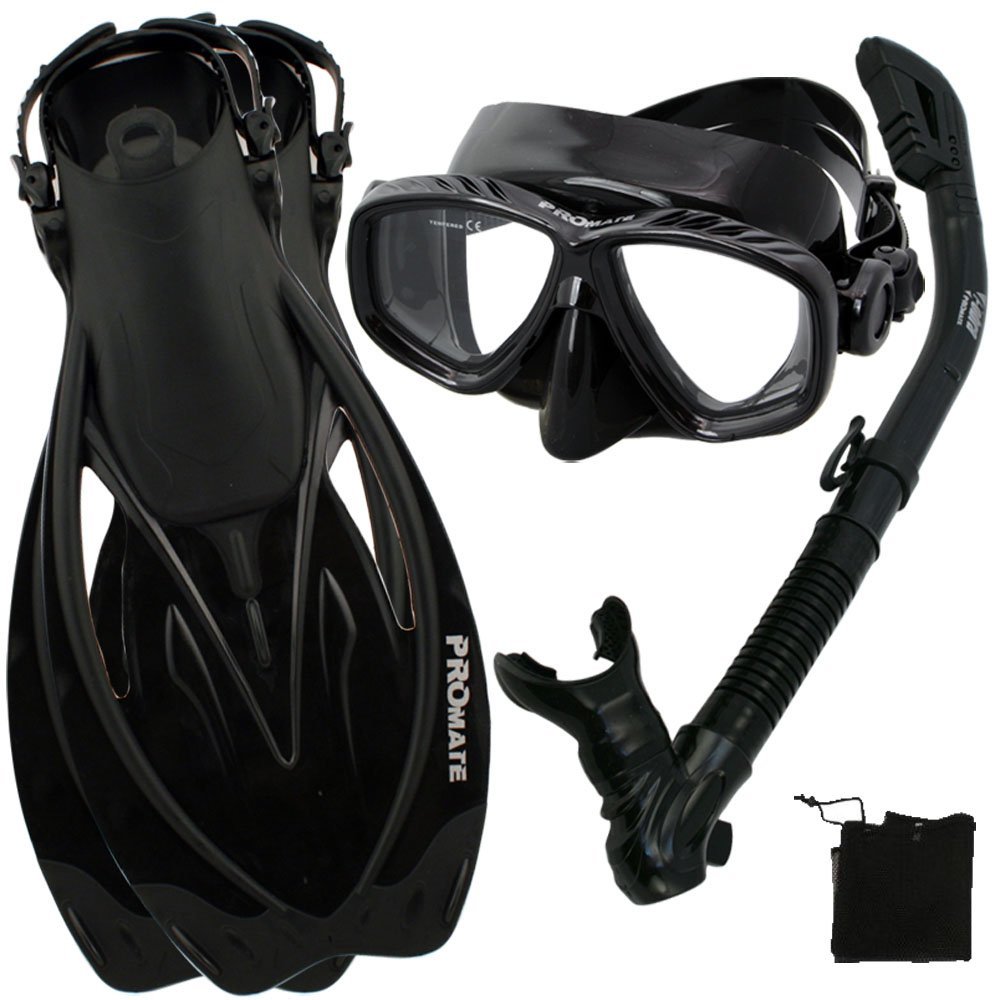 PROMATE Snorkeling Scuba Dive Mask Fins DRY Snorkel Gear Set, Bk/Bk, ML/XL