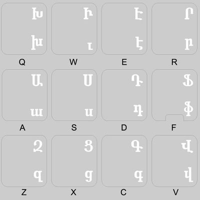 Armenian Keyboard Stickers with White Lettering ON Transparent Background for Desktop, Laptop and Notebook