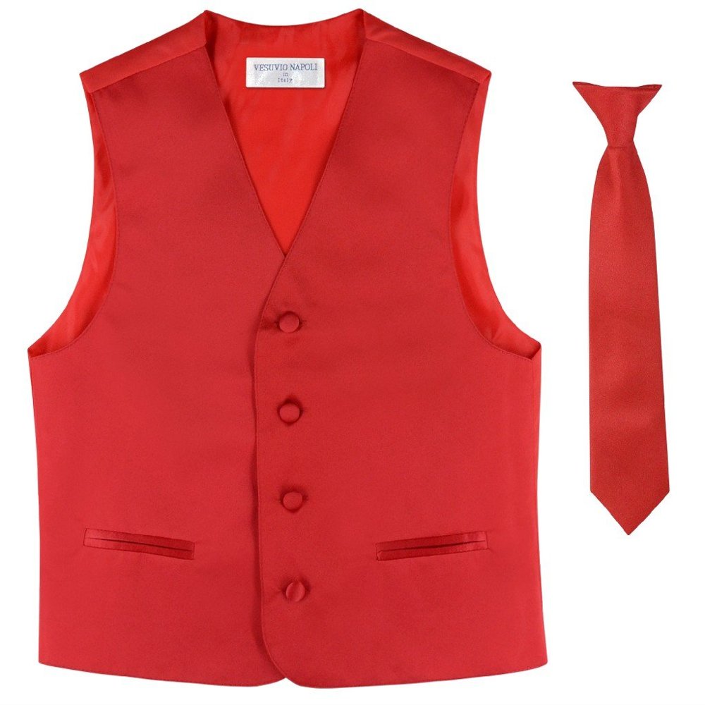 Vesuvio Napoli BOY'S Dress Vest & NeckTie Solid RED Color Neck Tie Set size 6