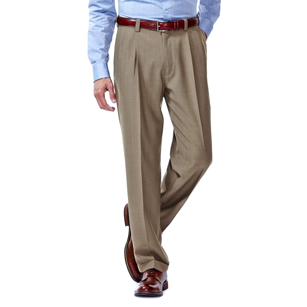 Haggar Men's E-Clo Repreve Classic Fit Pleat Front Dress Pant with Hidden Expandable Waistband Khaki 36W x 34L