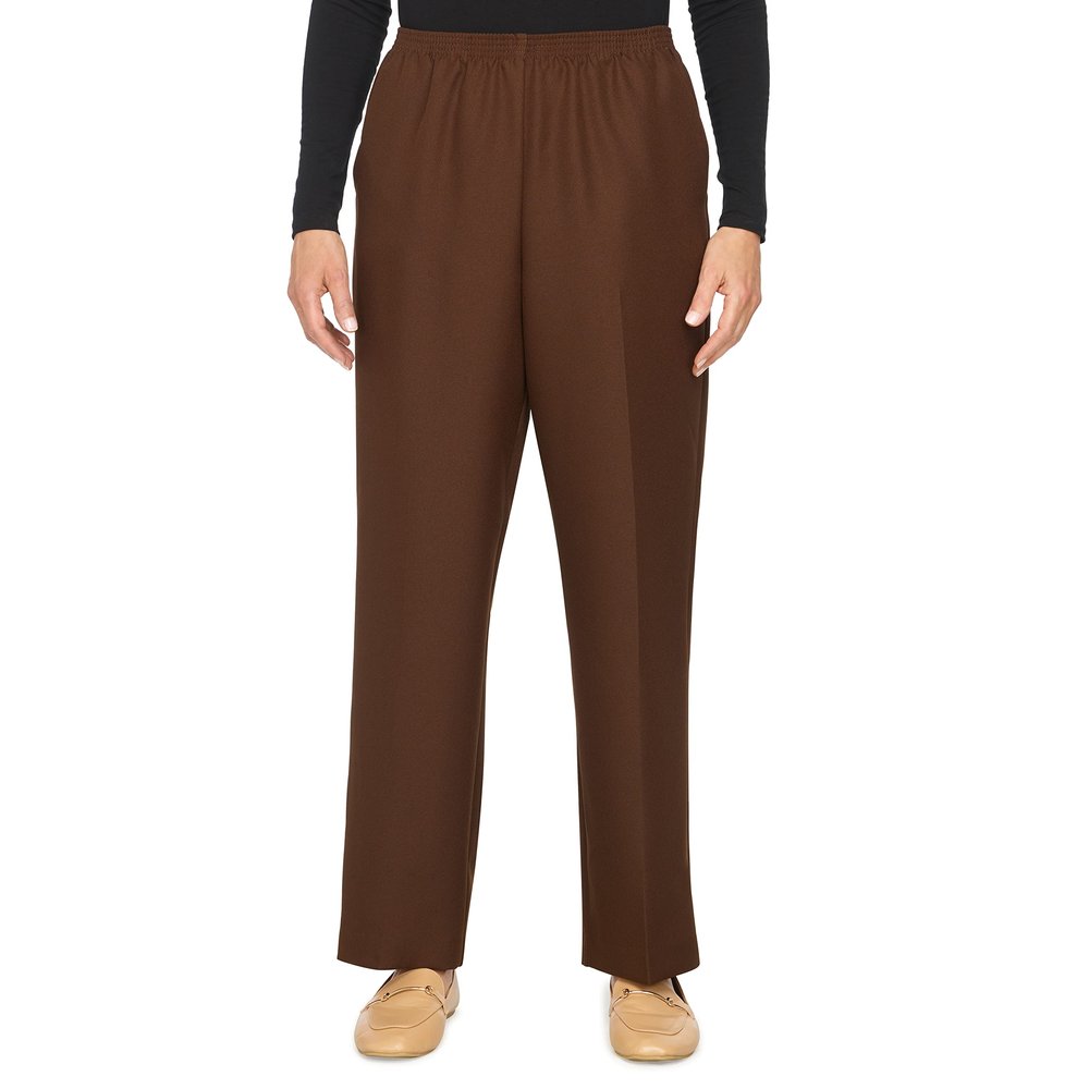 Alfred Dunner Womens All Around Elastic Waist Polyester Cropped Missy Pants - Pull-On Style, Classic Cut, Figure Flattering Relaxed Fit, Brown, 8