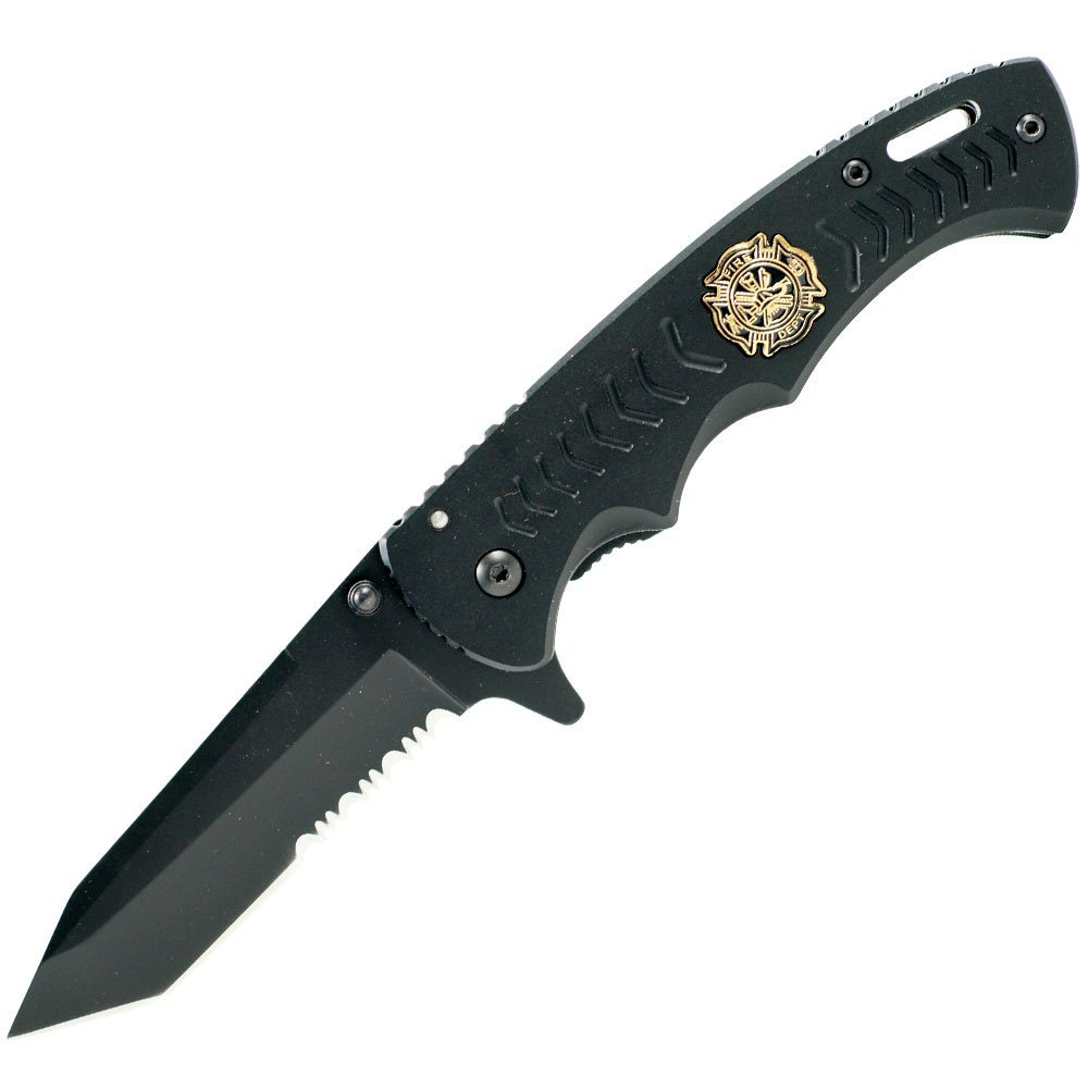 Whetstone Cutlery Spring Assist Stainless Tanto Blade Fire Fighter Knife, Black