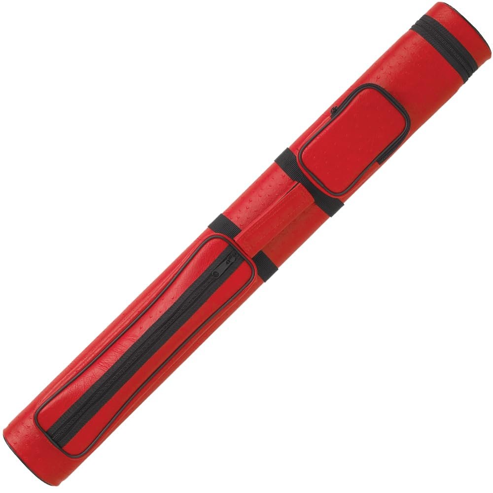 Action 34" Long Pool Cue Hard Carrying Case - Holds 2 Butts & 2 Shafts, Separate Molded Tubes, Large Zippered Accessory Pockets, Adjustable 1" Vinyl Carrying Strap, Fits up to 32" Shaft or Butt, Red
