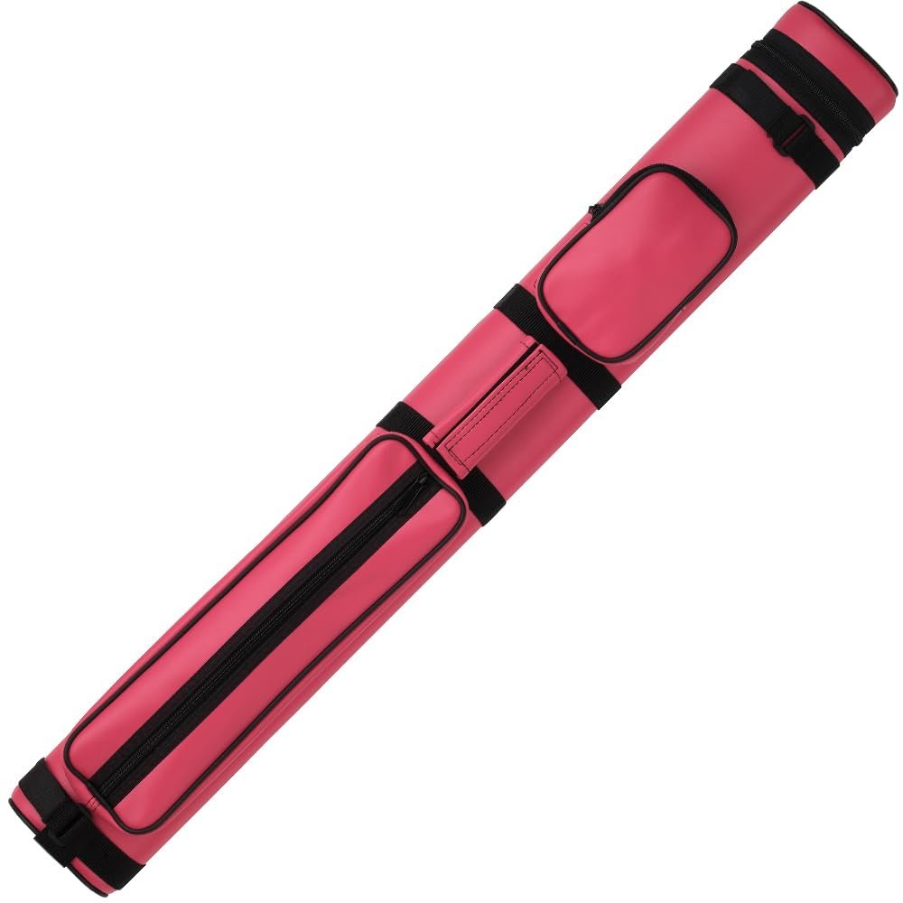 Action 34" Long Pool Cue Hard Carrying Case - Holds 2 Butts & 2 Shafts, Separate Molded Tubes, Large Zippered Accessory Pockets, Adjustable 1" Vinyl Carrying Strap, Fits up to 32" Shaft or Butt, Pink