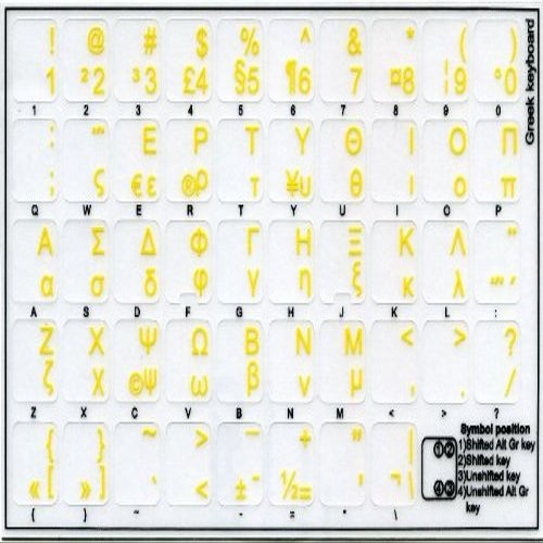 Greek Keyboard Sticker with Yellow Lettering ON Transparent Background for Desktop, Laptop and Notebook