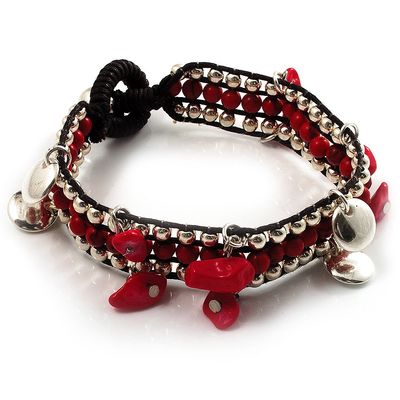 Avalaya Bright Red Semiprecious Stone Charm Wristband Bracelet (Silver Tone)