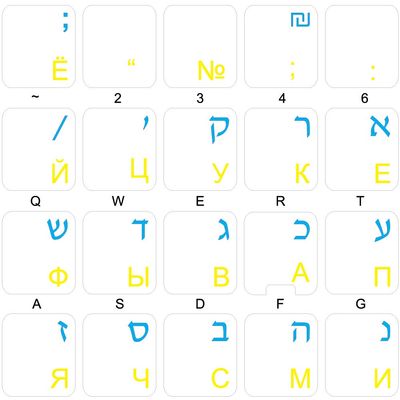 HEBREW & RUSSIAN CYRILLIC (BLUE&YELLOW) TRANSPARENT (CLEAR) STICKERS FOR KEYBOARD