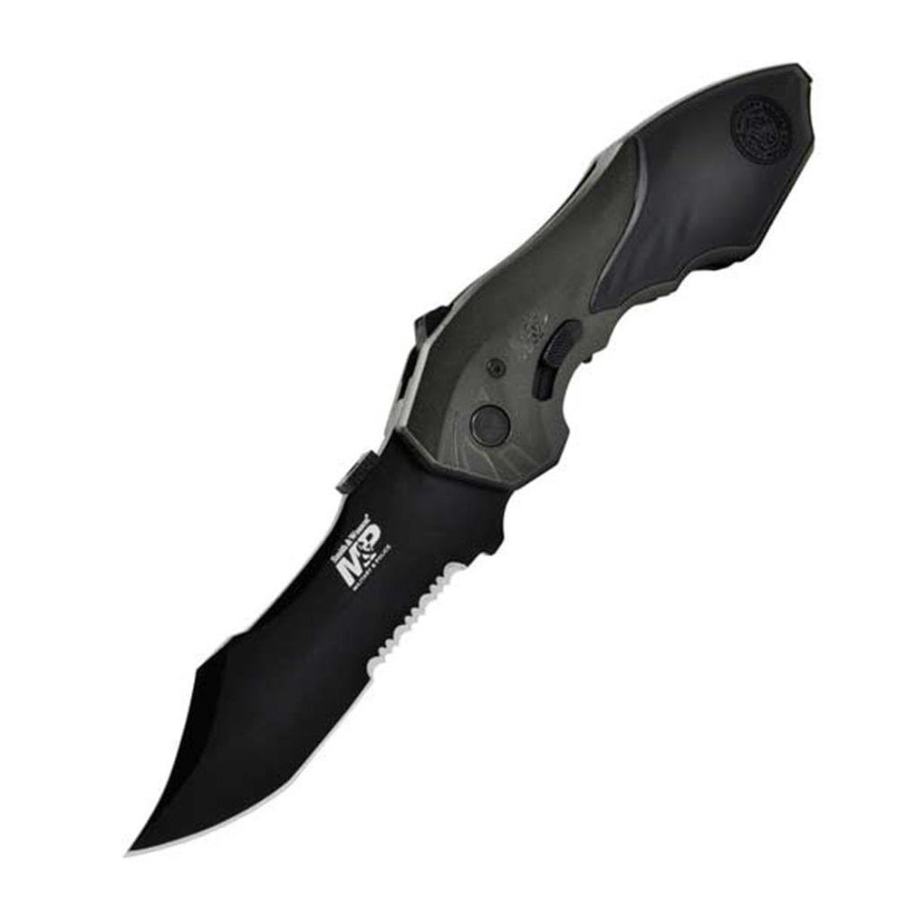 Smith & Wesson M&P SWMP5LS 8.5in S.S. Assisted Opening Knife with 3.5in Serrated Clip Point Blade and Aluminum Handle for Outdoor, Tactical, Survival and EDC , Black