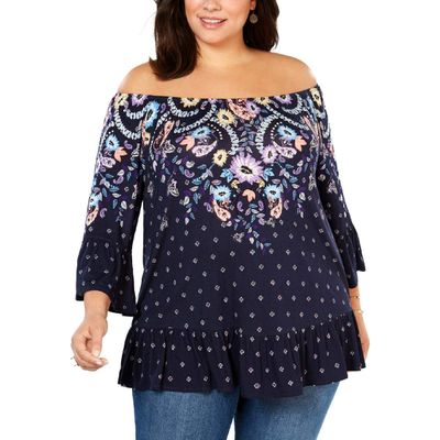 Style & Co. Womens Floral Off the Shoulder Blouse, Blue, 0X