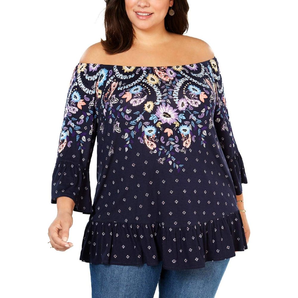 Style & Co. Womens Floral Off the Shoulder Blouse, Blue, 0X