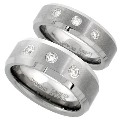 6 & 8 mm Tungsten Diamond Wedding Ring Set for Him and Her 3 stone Matte Beveled Comfort fit, size 8