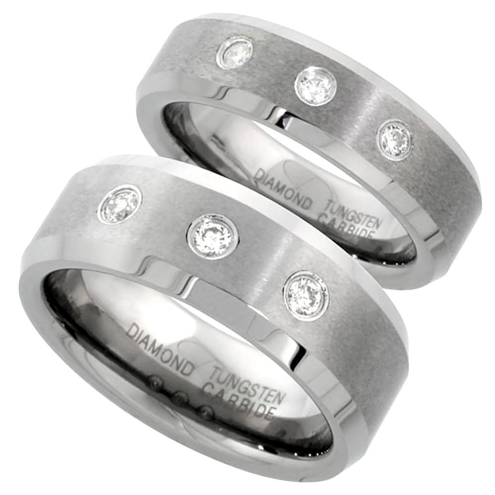 6 & 8 mm Tungsten Diamond Wedding Ring Set for Him and Her 3 stone Matte Beveled Comfort fit, size 8