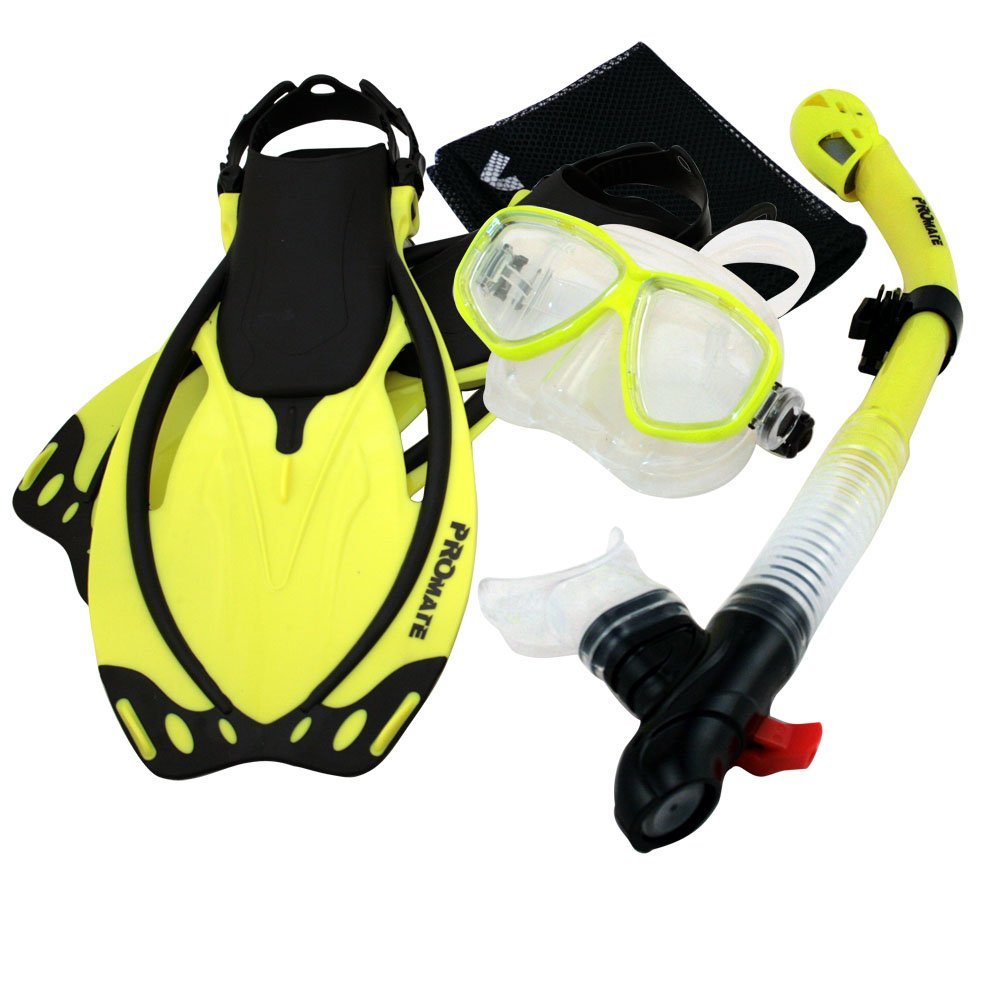 Promate Snorkeling Mask Dry Snorkel Fins Mesh Gear Bag Set 7590, YEL, MLXL