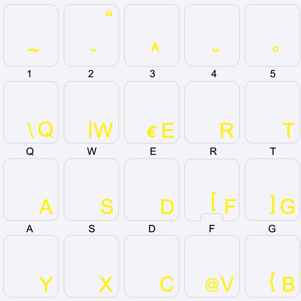 Slovenian/Croatian Keyboard Sticker with Yellow Lettering Transparent Background for Desktop, Laptop and Notebook