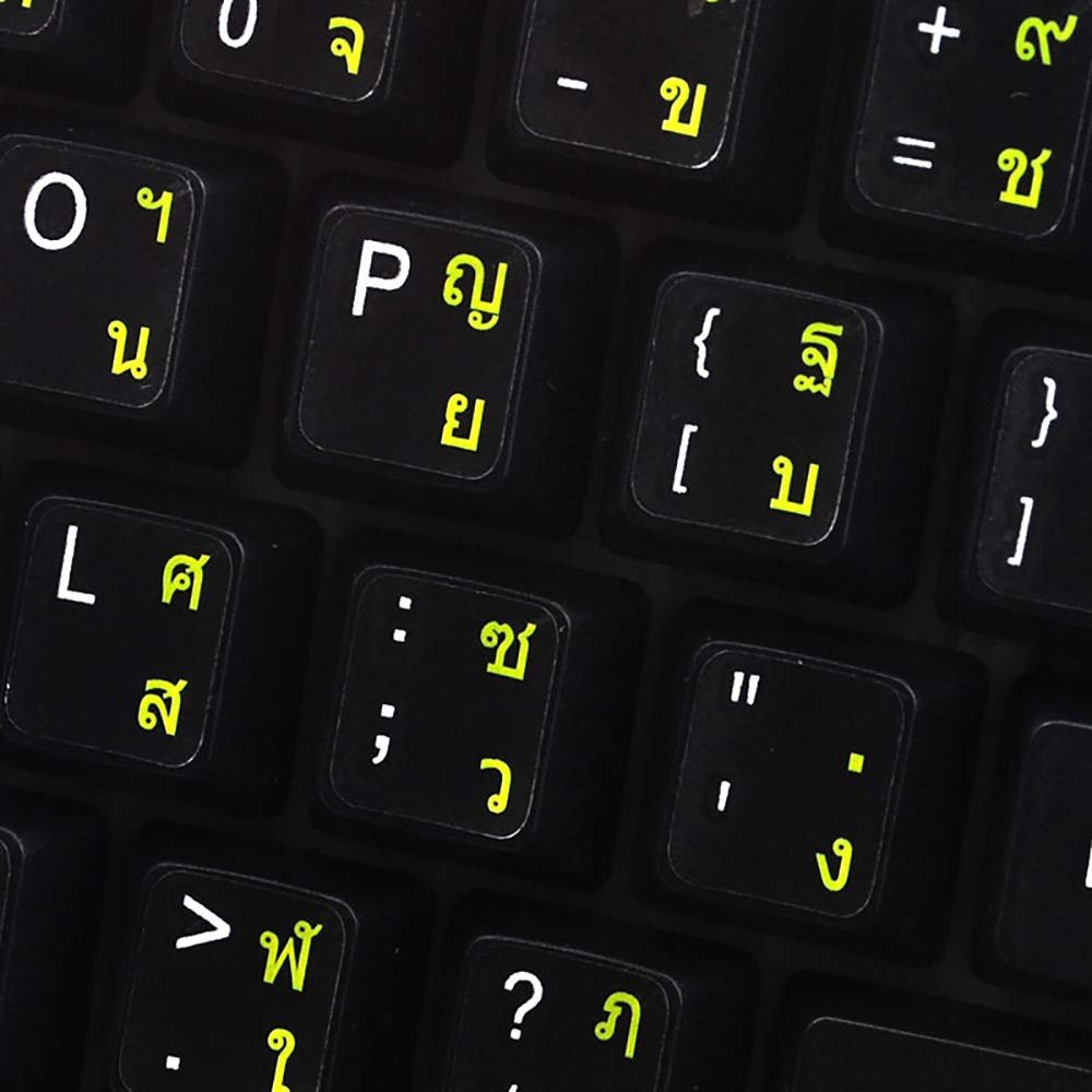 THAI KEYBOARD STICKERS with YELLOW LETTERING ON TRANSPARENT BACKGROUND for DESKTOP, LAPTOP and NOTEBOOK